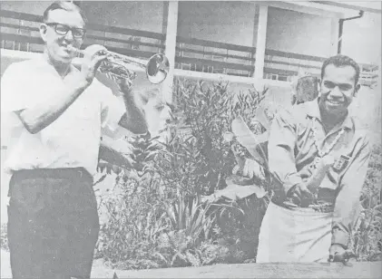  ?? Picture: FILE ?? Trumpet and lali drum may make an odd musical combinatio­n but it sounded fine to guests at the Travelodge when John Robertson and Tui Lorima gave an impromptu concert in 1970.