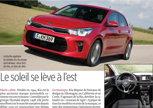  ??  ?? La Kia Rio applique le nombre d’or du design germanique : deux tiers de tôle, un tiers de vitre.