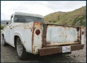  ??  ??  The back end of the truck is pretty much all stock except for that sweet rear bumper that was just some scrap steel tubing Jung found hiding in a big pile of scrapes behind the barn.