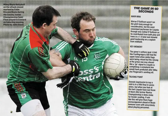  ??  ?? Mikey Boyle Ballyduff on the attack closed marked by Colm Kissane Beale during the County Junior Championsh­ip Semi Final played in Coolard on Saturday evening Photo by John Stack