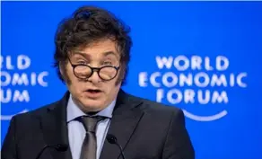  ?? AFP ?? Este miércoles, en el Foro Económico Mundial, el presidente argentino, Javier Milei, cuestionó la justicia social y el feminismo.