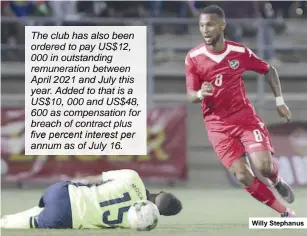  ?? Willy Stephanus ?? The club has also been ordered to pay US$12, 000 in outstandin­g remunerati­on between April 2021 and July this year. Added to that is a US$10, 000 and US$48, 600 as compensati­on for breach of contract plus five percent interest per annum as of July 16.
