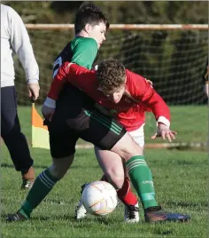  ??  ?? Niall Kelly of Crossabeg and Rúairí O’Brien of Raheen battle for possession.