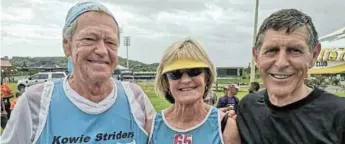  ??  ?? TRIO OF CHAMPS: Three members of Kowie Striders won age group prizes at the Border Masters 21km race last weekend. From left, Jean Nepgen won the over 75 age group, Avril Beyleveld finished 3rd in the ladies’ 65 to 69 and Sticks Stiglingh won the men’s 65 to 69 event