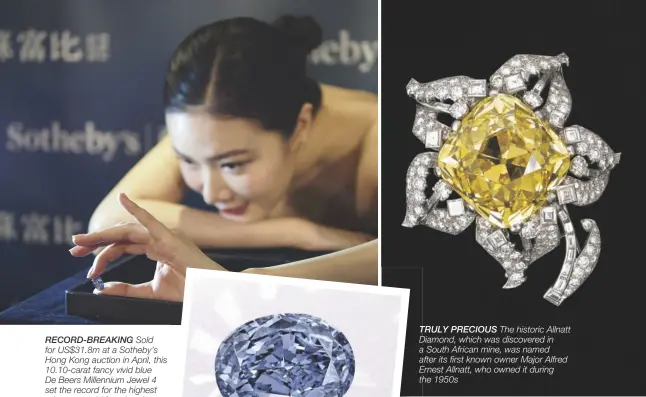  ??  ?? RECORD-BREAKING Sold for US$31.8M at a Sotheby’s Hong Kong auction in April, this 10.10-carat fancy vivid blue De Beers Millennium Jewel 4 set the record for the highest price ever paid for a jewel at an Asian auction