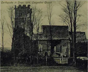  ??  ?? ABOVE: The photo of Reverend Merryweath­er tucked into the pages of the Langenhoe parish register, along with a postcard showing the badly damaged church following the Essex earthquake of 1884. BELOW: An illustrati­on showing the interior of the church, from The Graphic, 3 May 1884. Was the earthquake the cause of the ‘haunting’?