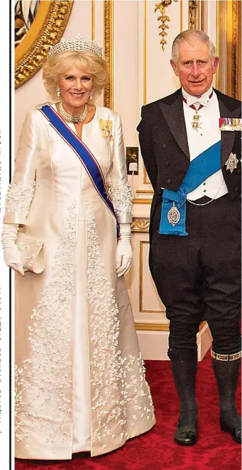  ??  ?? Jewels of the Crown: The Duchess of Cornwall, Charles, the Queen, Philip, William and the Duchess of Cambridge at Buckingham Palace last night. Inset: Kate in tiara and earrings