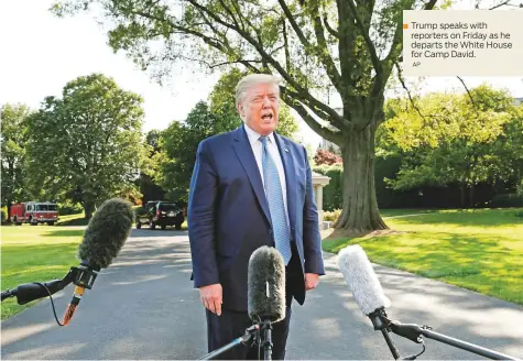  ?? AP ?? Trump speaks with reporters on Friday as he departs the White House for Camp David.