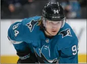  ?? NHAT V. MEYER — BAY AREA NEWS GROUP FILE ?? The San Jose Sharks' Alexander Barabanov waits for a face-off against the Vegas Golden Knights in the third period at the SAP Center in San Jose on Sunday, Feb. 20.