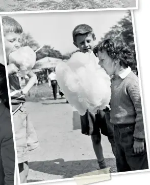  ??  ?? RIGHT Hampstead Heath Fair, London. Dinah Goddard, 6, of Leytonston­e with her cousins, John, 8 and Barry, 9, enjoying the biggest heaps of candy floss the chap at the fair could make. May 16, 1959