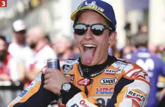  ??  ?? [3] Heureux Marc Marquez heureux comme un garnement après sa troisième victoire d’affilée cette saison et une emprise totale sur le classement.