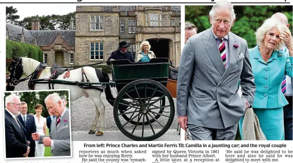  ??  ?? From left: Prince Charles and Martin Ferris TD; Camilla in a jaunting car; and the royal couple