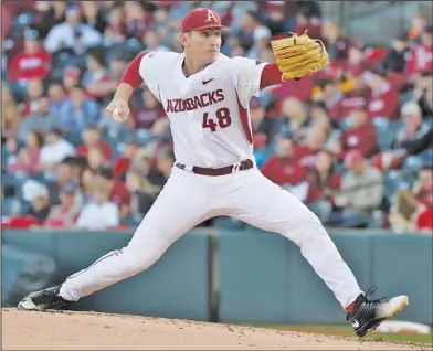  ?? Craven Whitlow/Special to the News-Times ?? Starting assignment: Arkansas' Trevor Stephan throws a pitch during his start against Vanderbilt at Baum Stadium in Fayettevil­le earlier this month. On Tuesday, Arkansas coach Dave Van Horn named Stephan as his starter for Friday's contest against Oral...