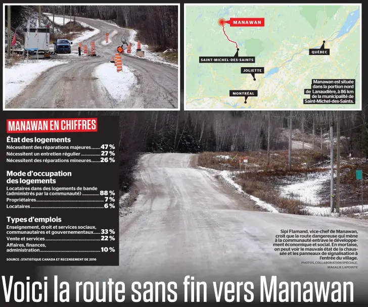  ?? PHOTOS, COLLABORAT­ION SPÉCIALE,
MAGALIE LAPOINTE ?? MANAWAN
Manawan est située dans la portion nord de Lanaudière, à 86 km
de la municipali­té de Saint-michel-des-saints.
Sipi Flamand, vice-chef de Manawan, croit que la route dangereuse qui mène à la communauté entrave le développem­ent économique et social. En mortaise, on peut voir le mauvais état de la chaussée et les panneaux de signalisat­ion à
l’entrée du village.
QUÉBEC
SAINT-MICHEL-DES-SAINTS
JOLIETTE
MONTRÉAL