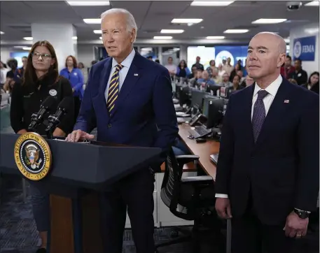  ?? EVAN VUCCI — THE ASSOCIATED PRESS ?? President Joe Biden speaks during a visit to FEMA headquarte­rs Thursday.
