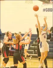  ?? Photo by Becky Polaski ?? Taylor Gornati, 42, scores the first points of her varsity career in the third quarter of St. Marys Area’s season opener against Brockway on Tuesday.