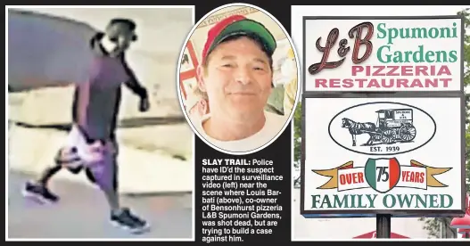  ??  ?? SLAY TRAIL: Police have ID’d the suspect captured in surveillan­ce video (left) near the scene where Louis Barbati (above), co-owner of Bensonhurs­t pizzeria L&B Spumoni Gardens, was shot dead, but are trying to build a case against him.