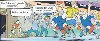  ?? FOTOS: EGMONT EHAPA/DISNEY/DPA ?? Abwehrakti­on der rabiaten Art – auch in Entenhause­n macht die Handball-WM Station.