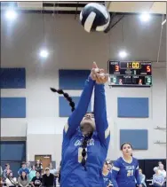  ?? Westside Eagle Observer/MIKE ECKELS ?? Leslie Hernandez hits the ball back over the net into the Lady Warrior side of the court during the Life Way Christian-Decatur junior high A volleyball match in Centerton Friday night. The Decatur junior high A team won the contest in two sets to secure a second-place finish in the 2022 regular season play.