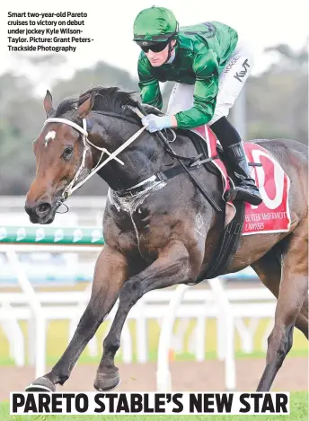  ?? Picture: Grant Peters Trackside Photograph­y ?? Smart two-year-old Pareto cruises to victory on debut under jockey Kyle WilsonTayl­or.