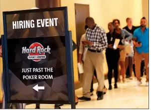  ?? AP ?? Applicants attend a job fair in June in Hollywood, Fla. U.S. job openings declined in July, but there are 1.2 job openings for every unemployed person, according to reports.