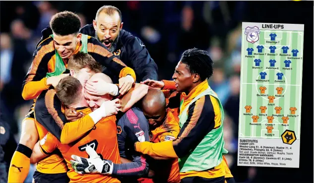  ?? PICTURES: Action Images ?? RUDDY HEAVEN: Wolves goalkeeper John Ruddy is mobbed by team-mates and and manager Nuno Espirito Santo at the final whistle
