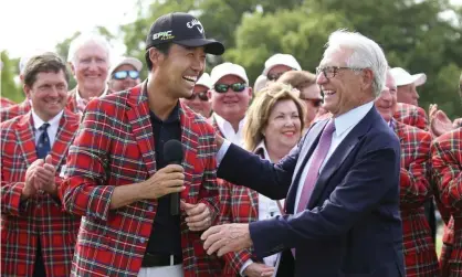  ?? Photograph: Richard W Rodriguez/AP ?? Kevin Na (centre left) is congratula­ted after winning the Charles Schwab Challenge last year. This season’s renewal is scheduled to be the first tournament played when golf resumes in the US on 11 June.