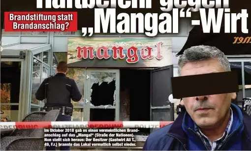  ??  ?? Im Oktober 2018 gab es einen vermeintli­chen Brandansch­lag auf das „Mangal“(Straße der Nationen). Nun stellt sich heraus: Der Besitzer (Gastwirt Ali T., 49, F.r.) brannte das Lokal vermutlich selbst nieder.