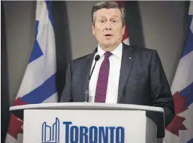  ??  ?? Toronto Mayor John Tory: “The process by which this monumental change was made was wrong and unacceptab­le.”
