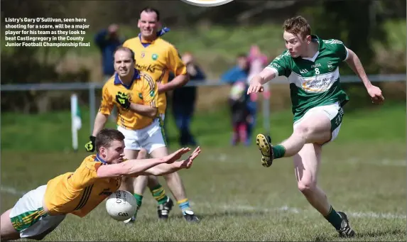  ??  ?? Listry’s Gary O’Sullivan, seen here shooting for a score, will be a major player for his team as they look to beat Castlegreg­ory in the County Junior Football Championsh­ip final