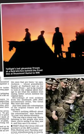  ??  ?? Twilight’s last gleaming: Troops at a field kitchen behind the front line at Beaumont Hamel in 1916 Music and mascots: Men of the East Kent Regiment make the most of a brief respite from the fighting in autumn 1917