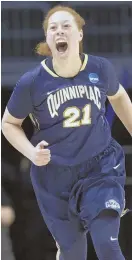  ?? AP PHOTO ?? FIRED UP: Quinnipiac’s Adily Martucci celebrates after draining a 3-pointer during the Bobcats’ first-round NCAA win against Marquette yesterday in Coral Gables, Fla.