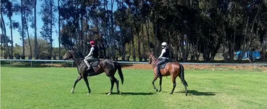  ?? Pic supplied by Robert Bloomberg. ?? HAPPY. Jockeys Grant van Niekerk and Aldo Domeyer expressed their satisfacti­on at the newly laid Durbanvill­e track yesterday.