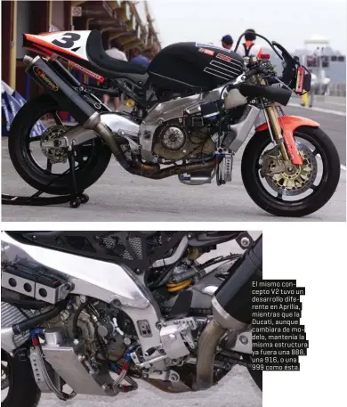  ?? ?? El mismo concepto V2 tuvo un desarrollo diferente en Aprilia, mientras que la Ducati, aunque cambiara de modelo, mantenía la misma estructura ya fuera una 888, una 916, o una 999 como ésta.
