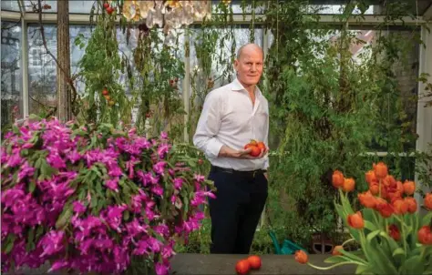  ??  ?? Olav de Linde i sit drivhus. Han taenker gode tanker, når han er omgivet af blomster, frugt og grøntsager.
Foto: Joachim Ladefoged