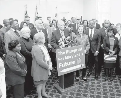  ?? JOSHUA MCKERROW / BALTIMORE SUN MEDIA GROUP ?? Speaker of the House Michael Busch speaks at a news conference announcing plans for expanding education through the Kirwan commission outline in Annapolis.