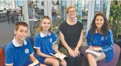  ??  ?? WORDPLAY: Cairns State High School students Eoghan Kuiper, Charlotte Thamm and Jemma Paton with author Cath Crowley.