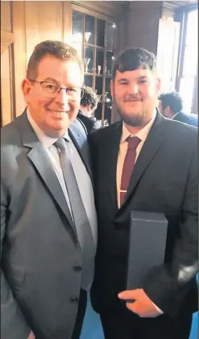  ??  ?? ■ Pictured: Loughborou­gh College student Brannon Underwood with John Williams MBE, executive Head Chef at The Ritz, after being awarded The Worshipful Company of Cooks annual prize.