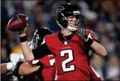  ?? ASSOCIATED PRESS ?? ATLANTA FALCONS QUARTERBAC­K Matt Ryan passes against the Los Angeles Rams during the first half of a wild-card playoff game Saturday in Los Angeles.