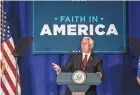  ?? ASSOCIATED PRESS ?? Vice President Mike Pence speaks during a “Faith in America” event at the Ingleside Hotel in Pewaukee on Tuesday.