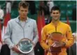  ?? JEAN MAGNENET/AFP/GETTY IMAGES ?? Novak Djokovic, right, is enjoying his Sunday in Monte Carlo. Tomas Berdych? Not as much.