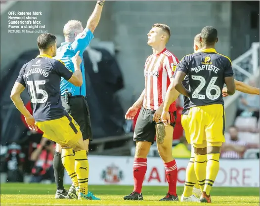  ?? PICTURE: MI News and Sport ?? OFF: Referee Mark Heywood shows Sunderland’s Max Power a straight red