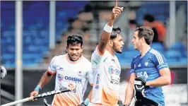  ??  ?? India’s Harmanpree­t Singh celebrates after scoring a goal against Argentina on Sunday.