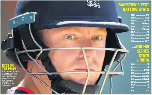  ??  ?? A focused Jonny Bairstow in the nets yesterday. He will bat at No.3 in the third Test in Colombo