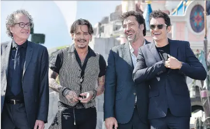  ??  ?? Geoffrey Rush, left, Johnny Depp, Javier Bardem and Orlando Bloom have been busy promoting the latest in the Pirates of the Caribbean franchise. “I was just amazed by how easy it is for him as a clown to be (Sparrow),” Bardem says of Depp. WENN.COM