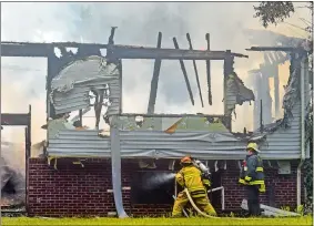  ?? TIM MARTIN/THE DAY ?? Firefighte­rs from the surroundin­g area battle a structure fire at 182 Cossaduck Hill Road Wednesday in North Stonington.
