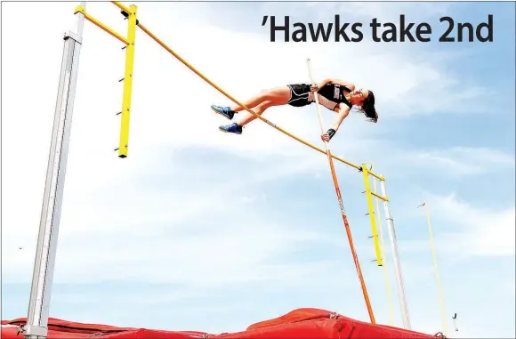  ?? TIMES photograph by Annette Beard ?? Freshman Lady Blackhawk Cassidy Mooneyhan cleared 10’ in the pole vault at the varsity District meet last week earning her a spot at the state meet.