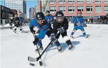  ?? MATHEW MCCARTHY WATERLOO REGION RECORD FILE PHOTO ?? Kitchener Minor Hockey Associatio­n tyke players battle for the puck at city hall. This hockey season will look a lot different when it eventually starts.