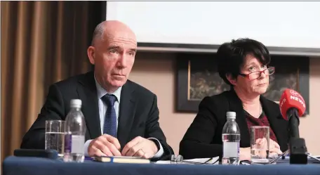  ?? Photos by Domnick Walsh. ?? (Above) Fearghal Grimes General Manager University Hospital and Dr Clare O’Brien at the scan review press conference at the Rose Hotel last Thursday.(Below inset) Chair of the Safety Incident Management Team Dr Gerard O’Callaghan addresses the press conference following the release of the UHK scan review.