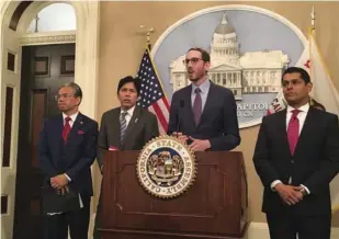  ?? PHOTO COURTESY ANTOINETTE SIU, CALMATTERS ?? FROM LEFT: Assemblyma­n Rob Bonta, Sen. Kevin de Léon, Sen. Scott Wiener and Assemblyma­n Miguel Santiago say they reached a deal on net neutrality proposals.